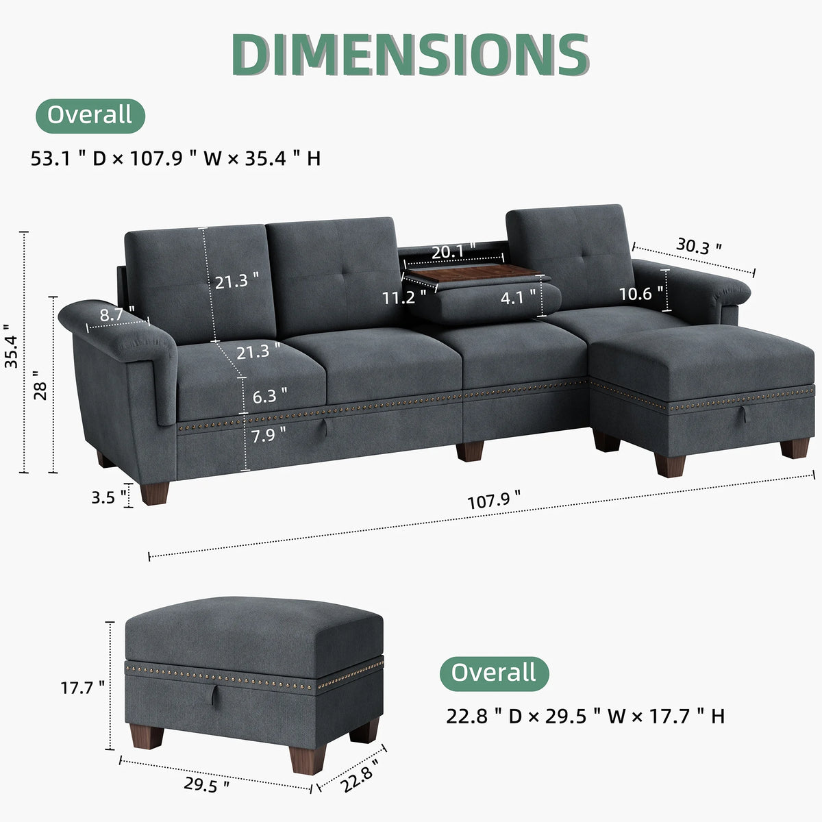 Dark Grey L Shaped Sectional Sofa with Storage Chaise P711047