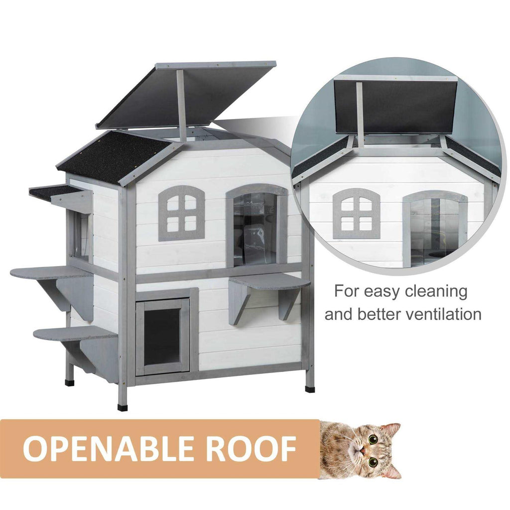 Wooden 2-Story Outdoor Cat House with Escape Door F159445