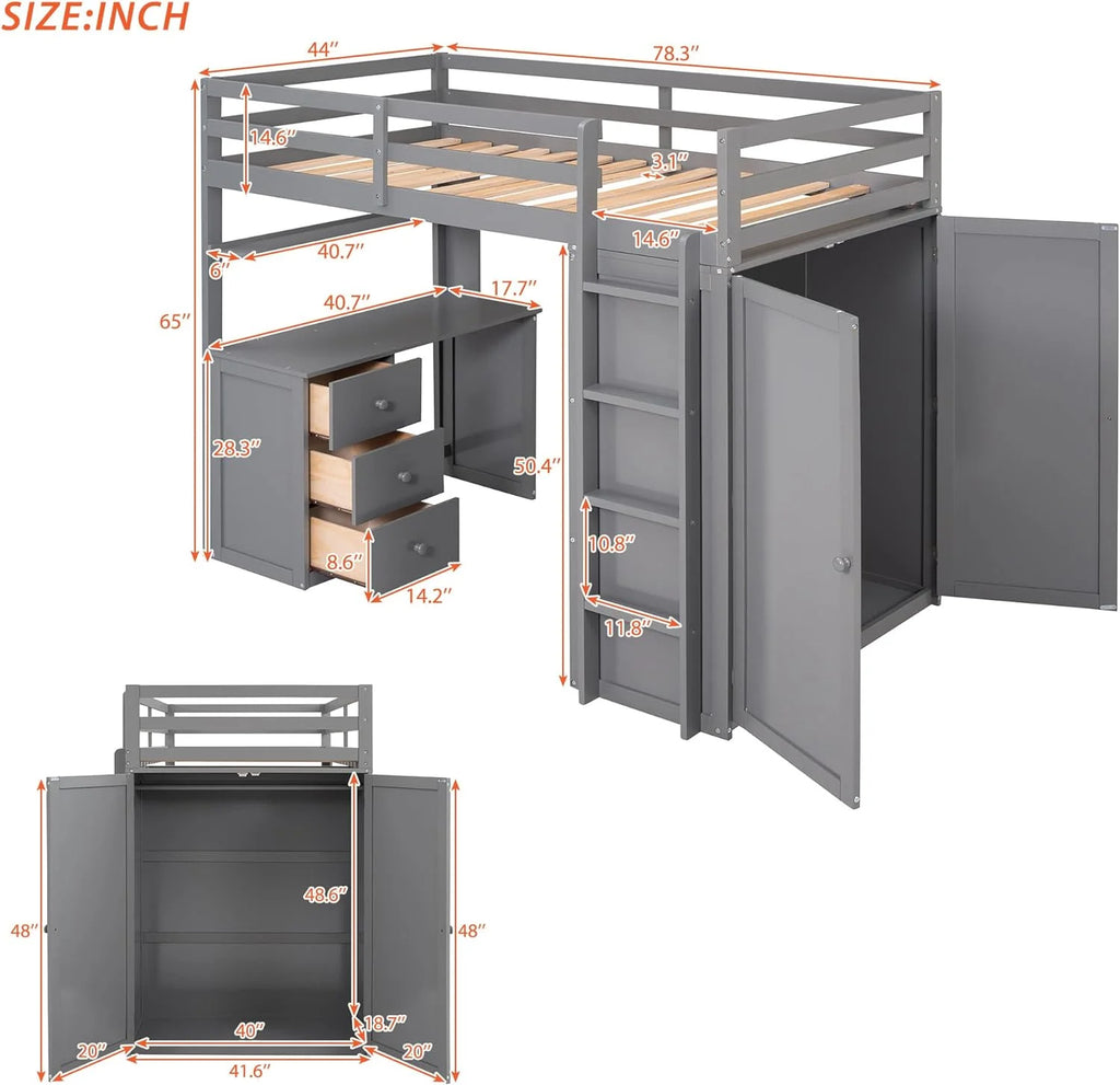 Solid Wood Loft Bed with Desk Wardrobe Storage Drawers C62224