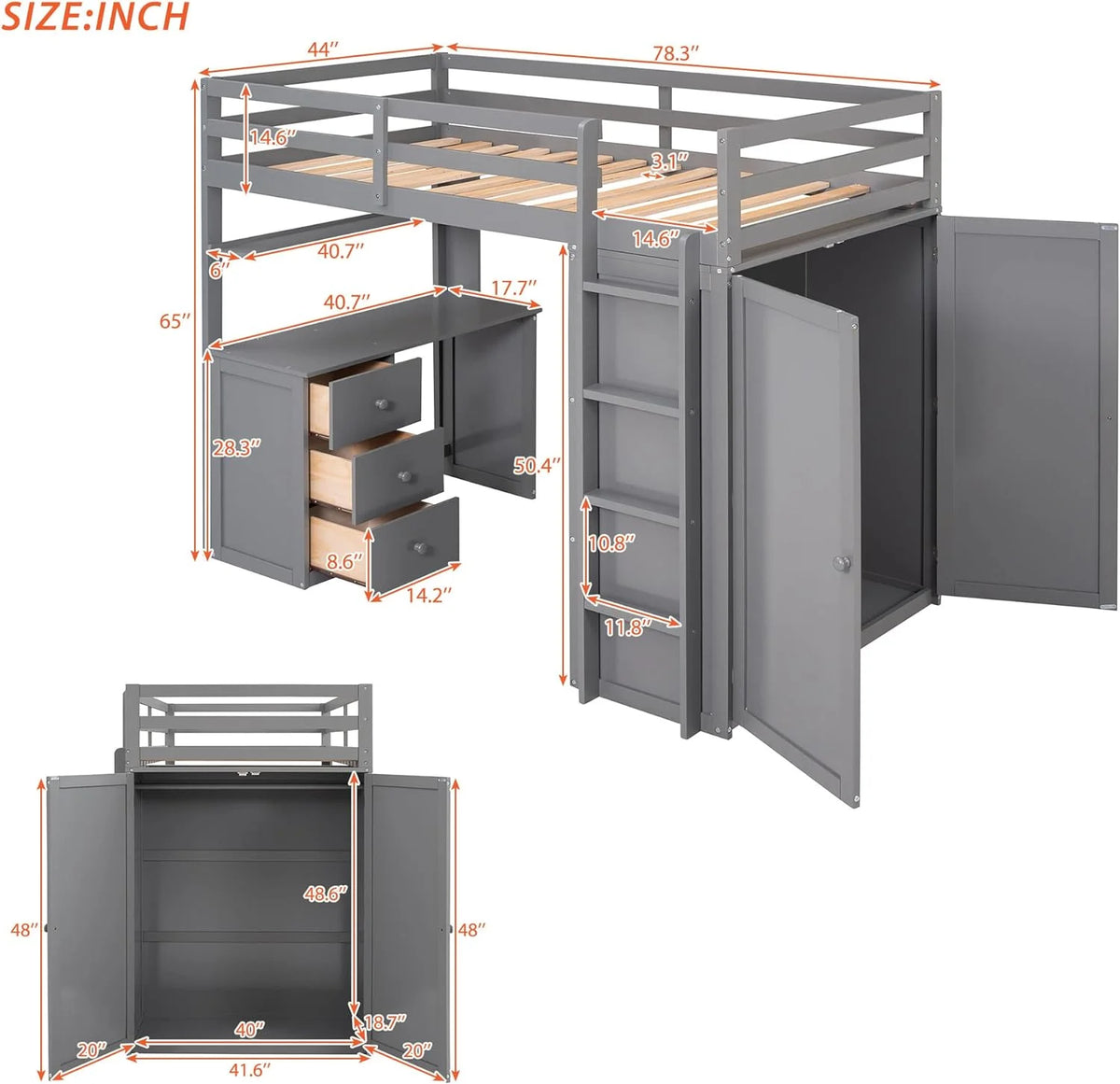 Solid Wood Loft Bed with Desk Wardrobe Storage Drawers C62224
