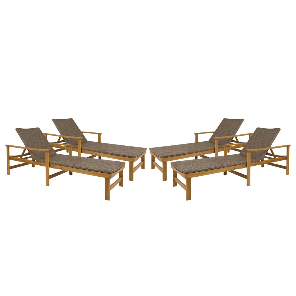 Rustic Acacia Wood Chaise Lounge with Wicker Seating Set of 4 M573