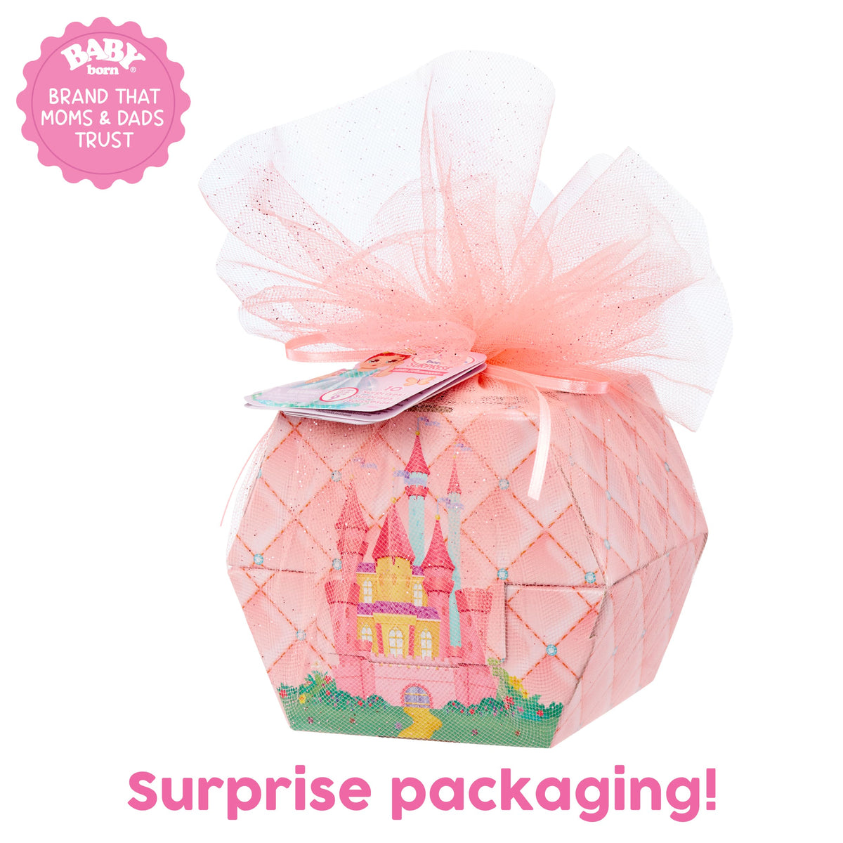 Baby Born Surprise Small Dolls Series 9 with 3 Water Surprises, Princess-Themed Dress, Color Change Diaper, Castle Packaging Z2612