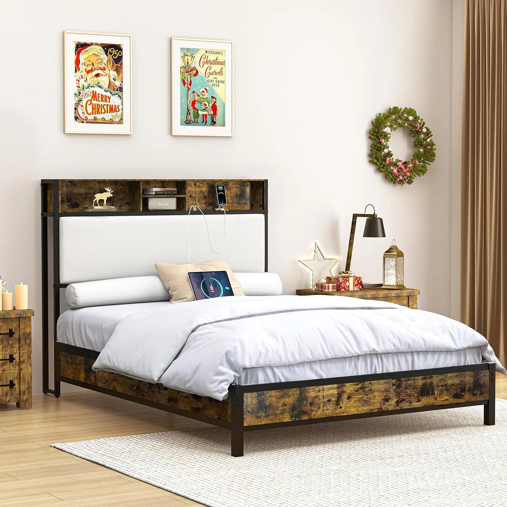 Queen Size Metal and Wood Headboard with Storage Shelves T984