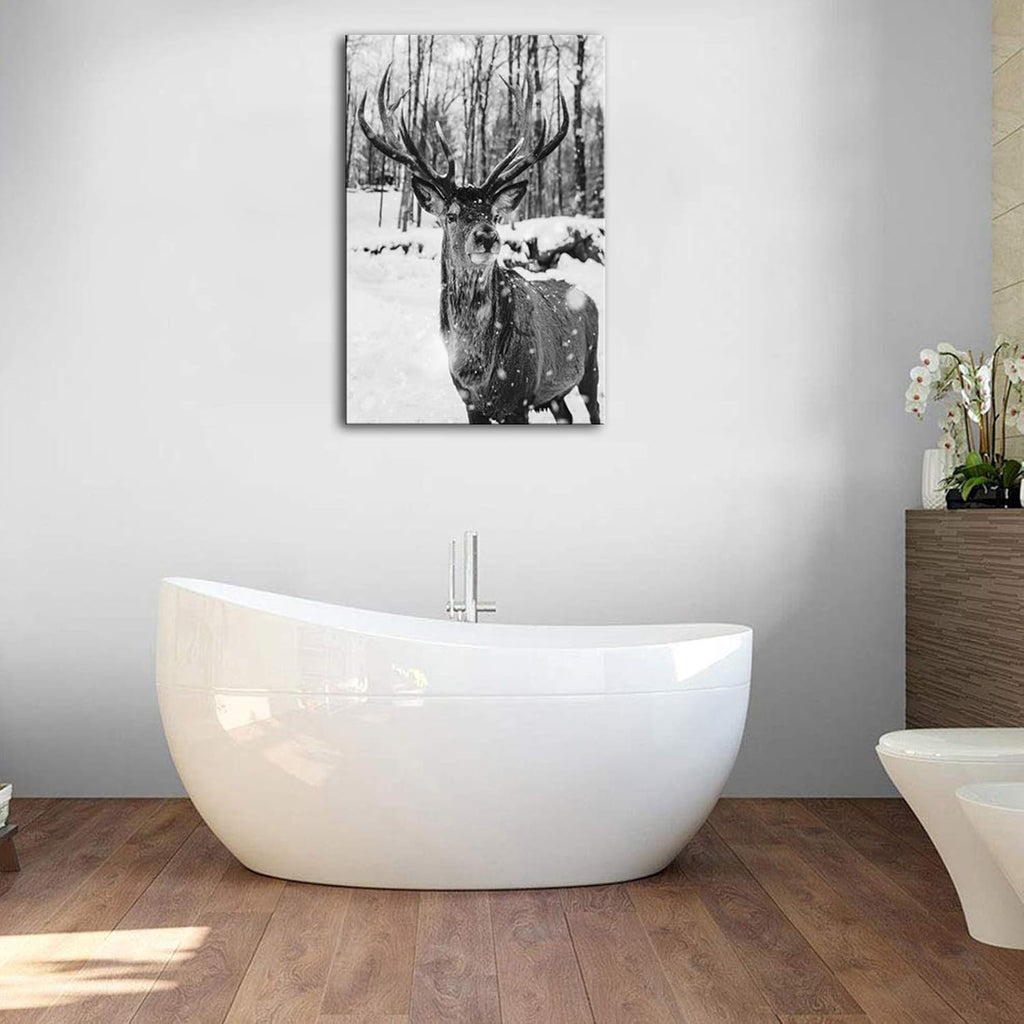 Black and White Deer in Winter Forest Canvas Print Wall Art W55429