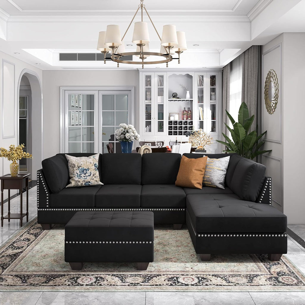 Reversible Sectional Sofa with Storage and Chaise Lounge Couch, Wooden Frame L-Shaped Corner Sofa Set with Ottoman, Black V100