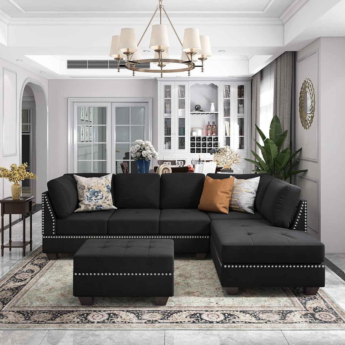 Reversible Sectional Sofa with Storage and Chaise Lounge Couch, Wooden Frame L-Shaped Corner Sofa Set with Ottoman, Black V100
