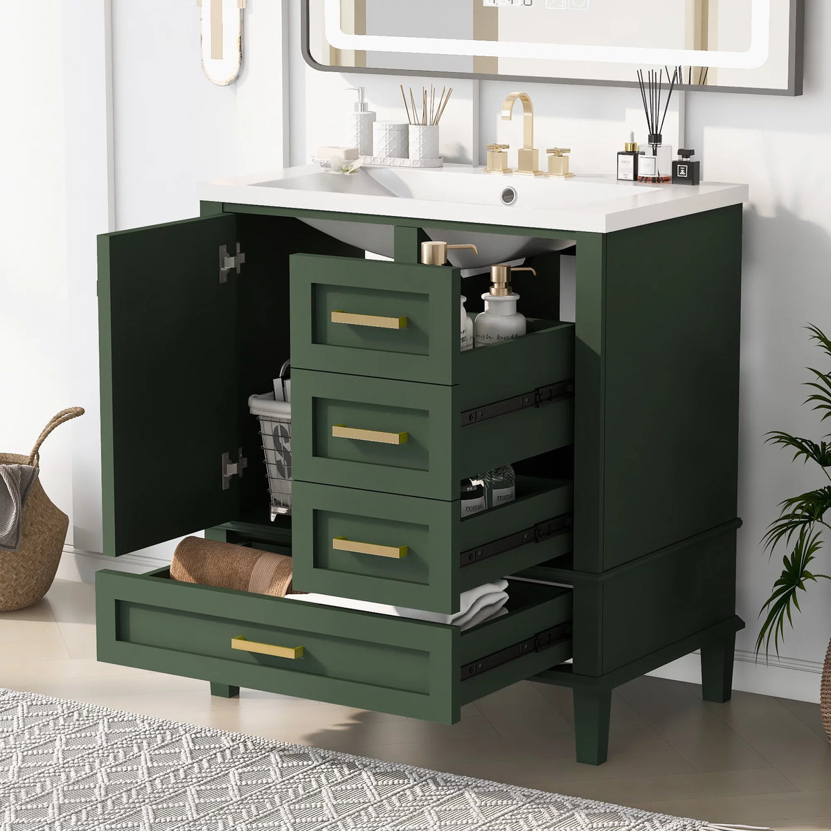 30" Green Solid Wood Bathroom Vanity with Top Basin and 3 Drawers A279517