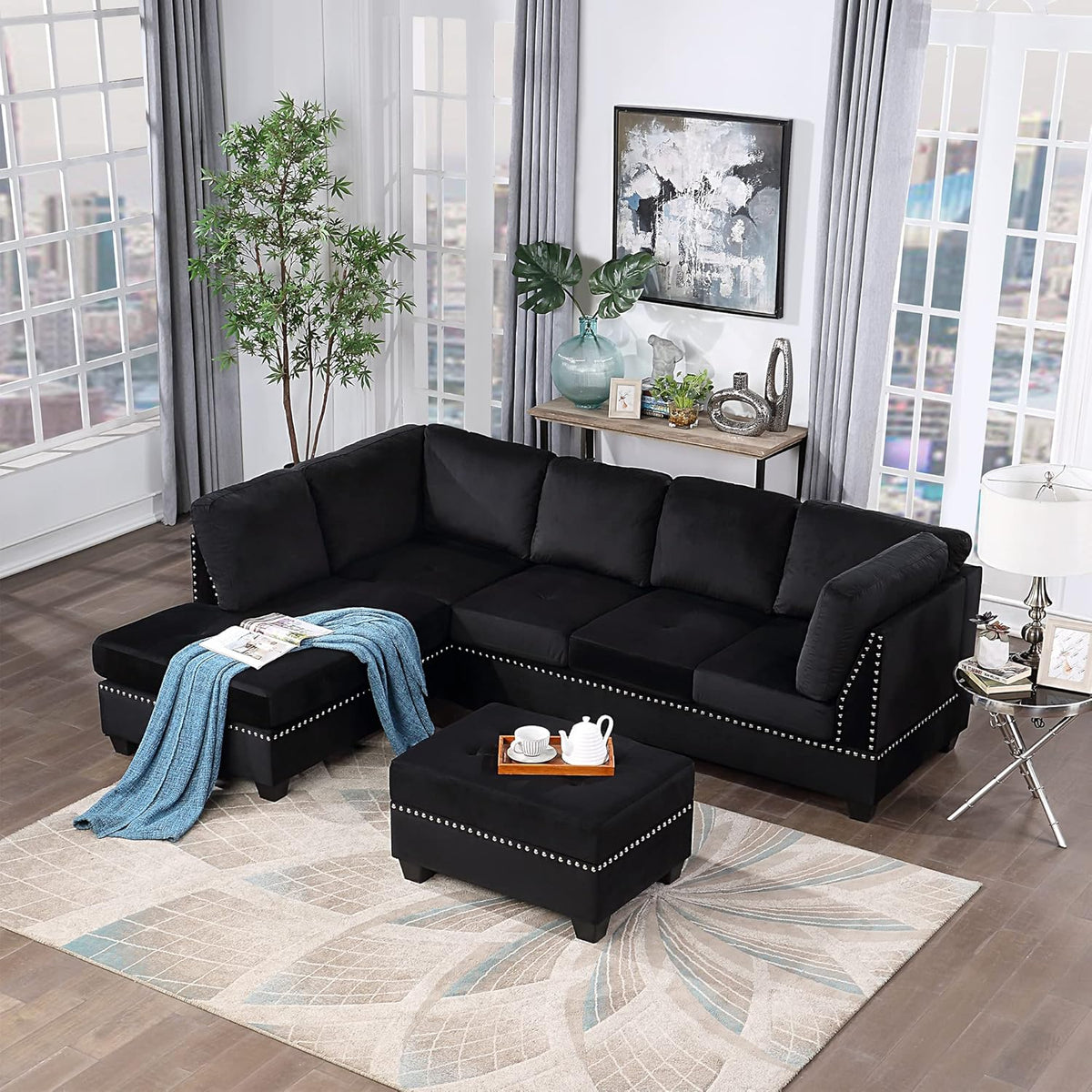 Reversible Sectional Sofa with Storage and Chaise Lounge Couch, Wooden Frame L-Shaped Corner Sofa Set with Ottoman, Black V100
