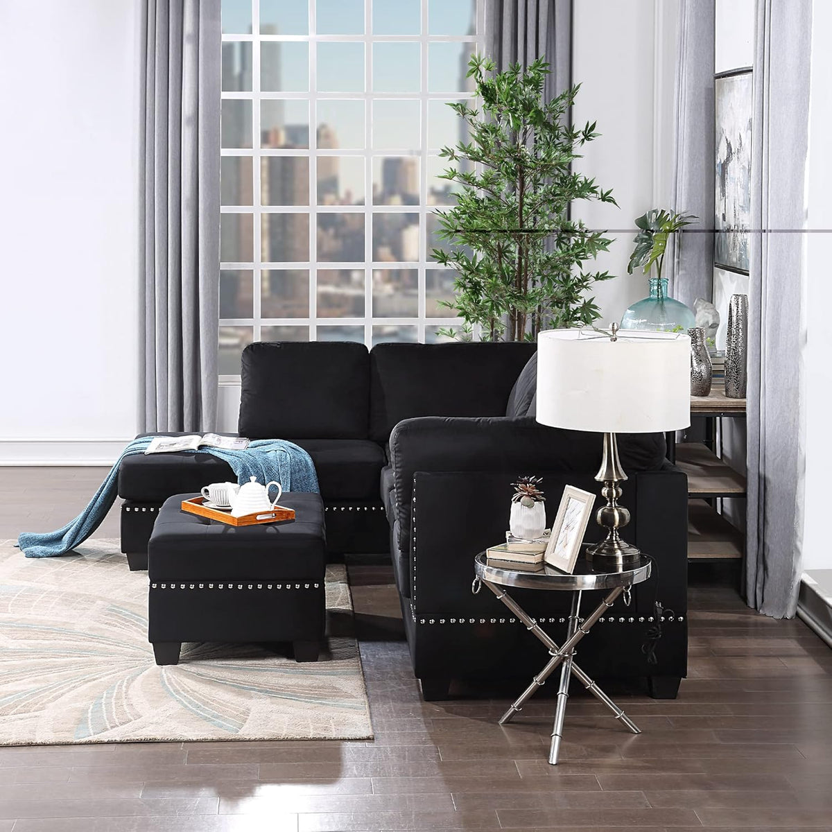 Reversible Sectional Sofa with Storage and Chaise Lounge Couch, Wooden Frame L-Shaped Corner Sofa Set with Ottoman, Black V100
