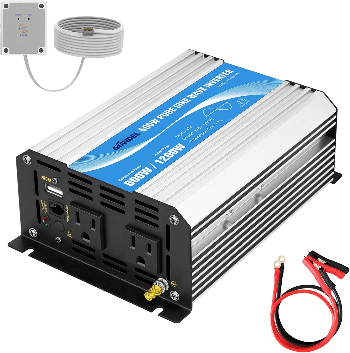 Pure Sine Wave 600Watt Power Inverter with Remote Control Dual AC Outlets and USB Port K891213
