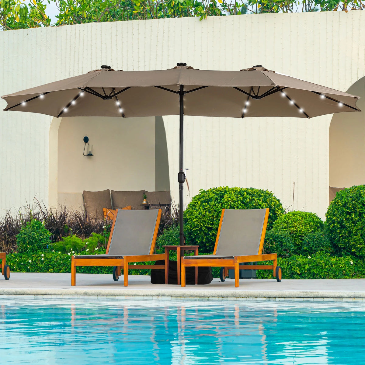 15ft Double-Sided Patio Umbrella with Solar Lights and Base H253476