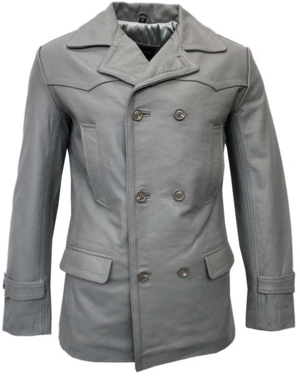 Grey Leather Pea Coat Blazer P14797