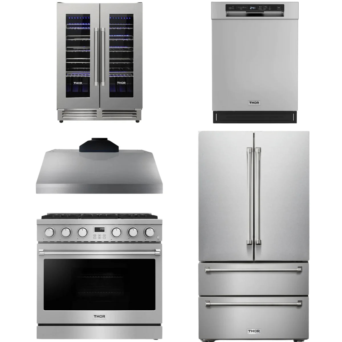 36 Gas Range, Range Hood, Refrigerator, Dishwasher and Wine Cooler M34736