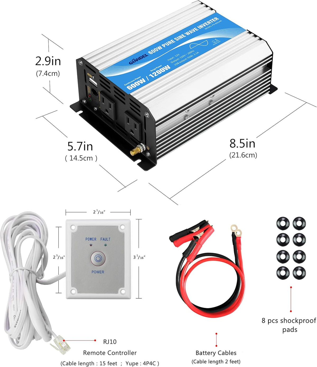 Pure Sine Wave 600Watt Power Inverter with Remote Control Dual AC Outlets and USB Port K891213