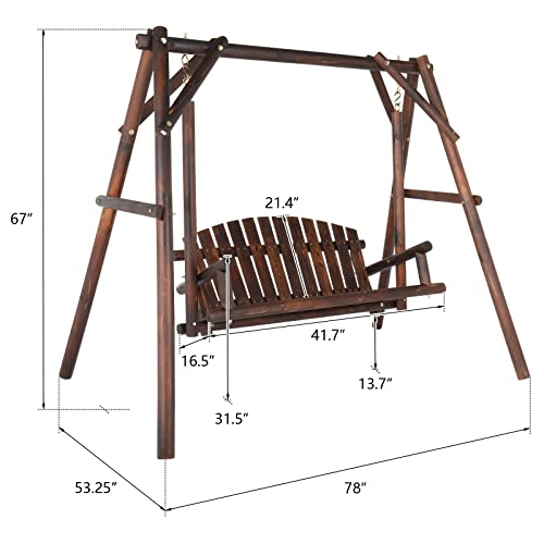 6.5' Outdoor Porch Swing Rustic Loveseat Solid Wooden Natural Log Garden Swing (Carbonized) R8192