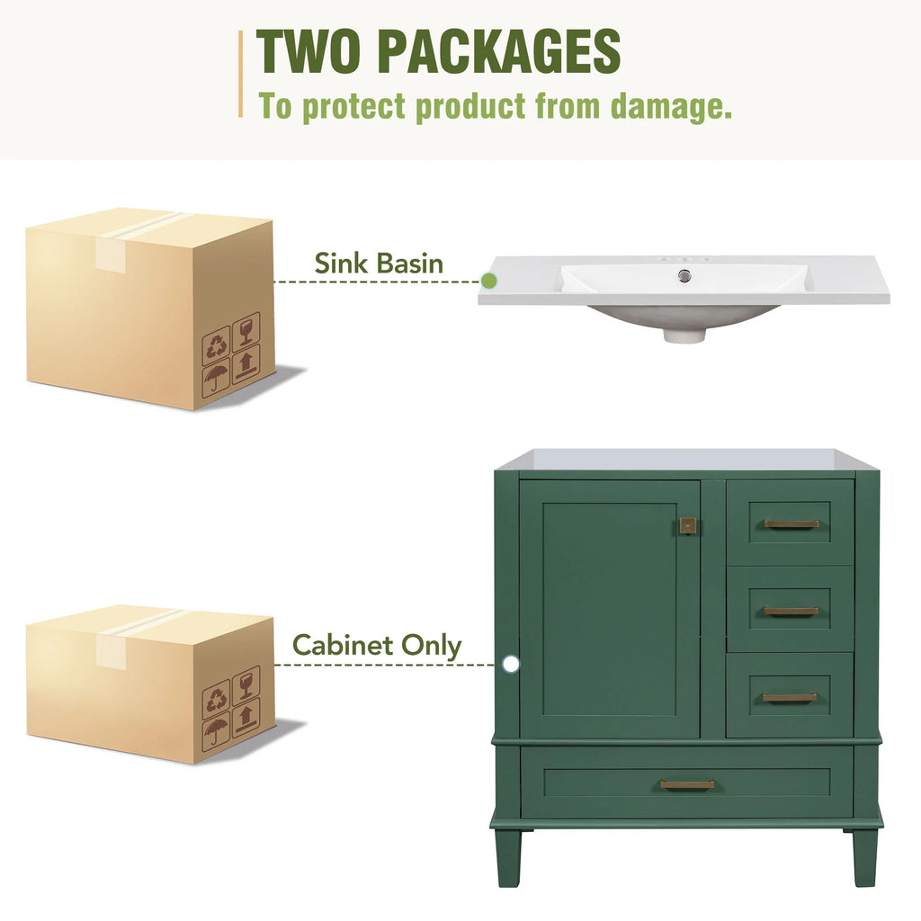 30" Green Solid Wood Bathroom Vanity with Top Basin and 3 Drawers A279517