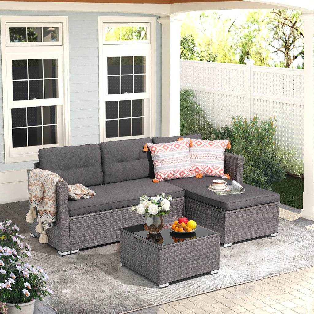 3 Pieces PE Wicker Rattan Patio Conversation Set with Cushions and Tempered Glass Coffee Table P922069