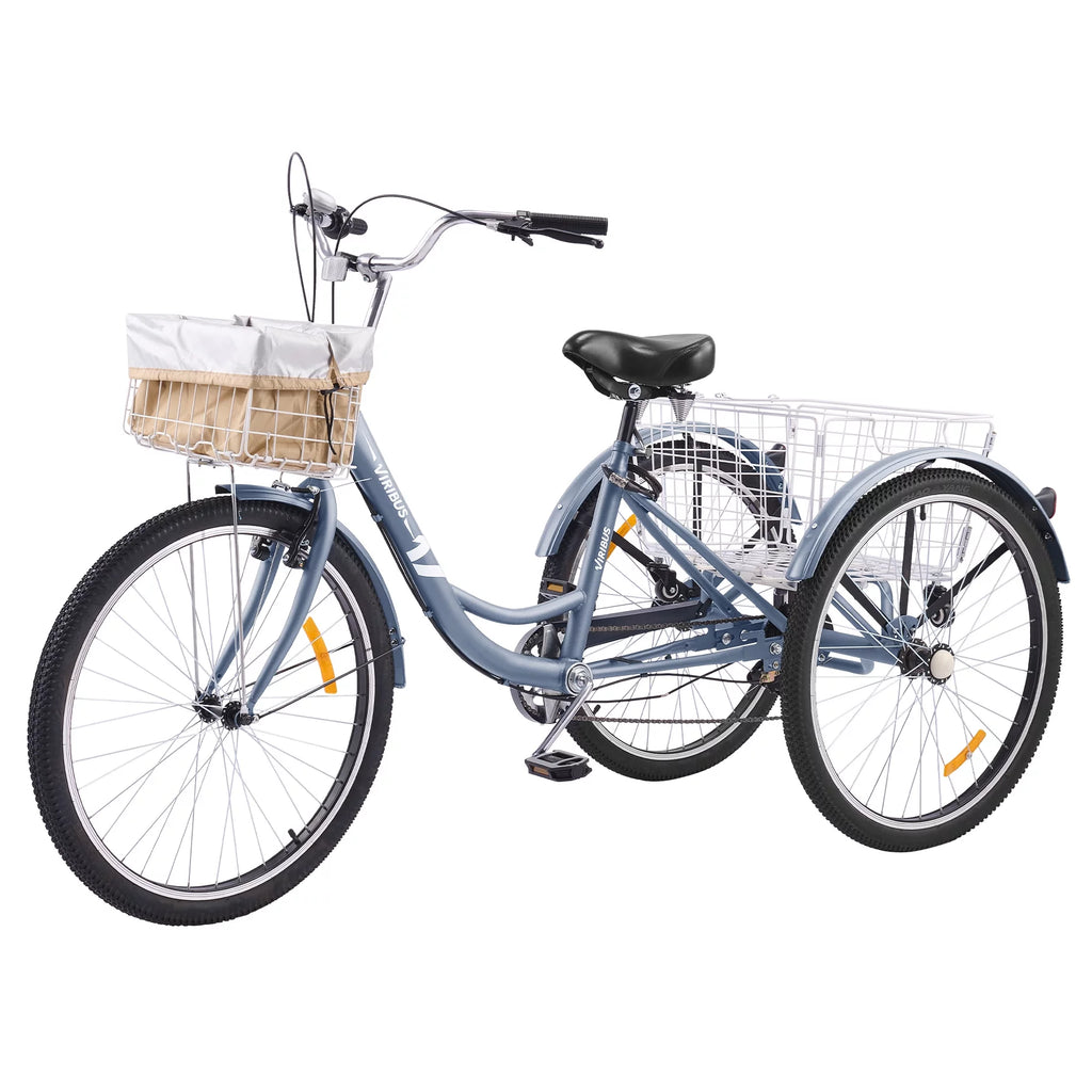 24 Inch 7 Speed Adult Trike with Adjustable Seat and 2 Baskets Matte Gray F662471