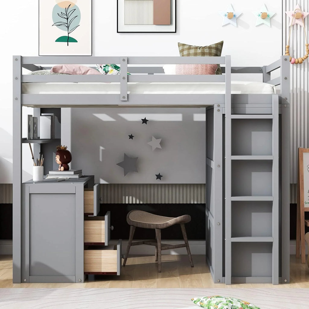 Solid Wood Loft Bed with Desk Wardrobe Storage Drawers C62224