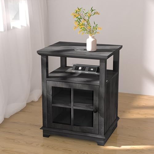 White Nightstand with Charging Station and Adjustable Shelf O9785