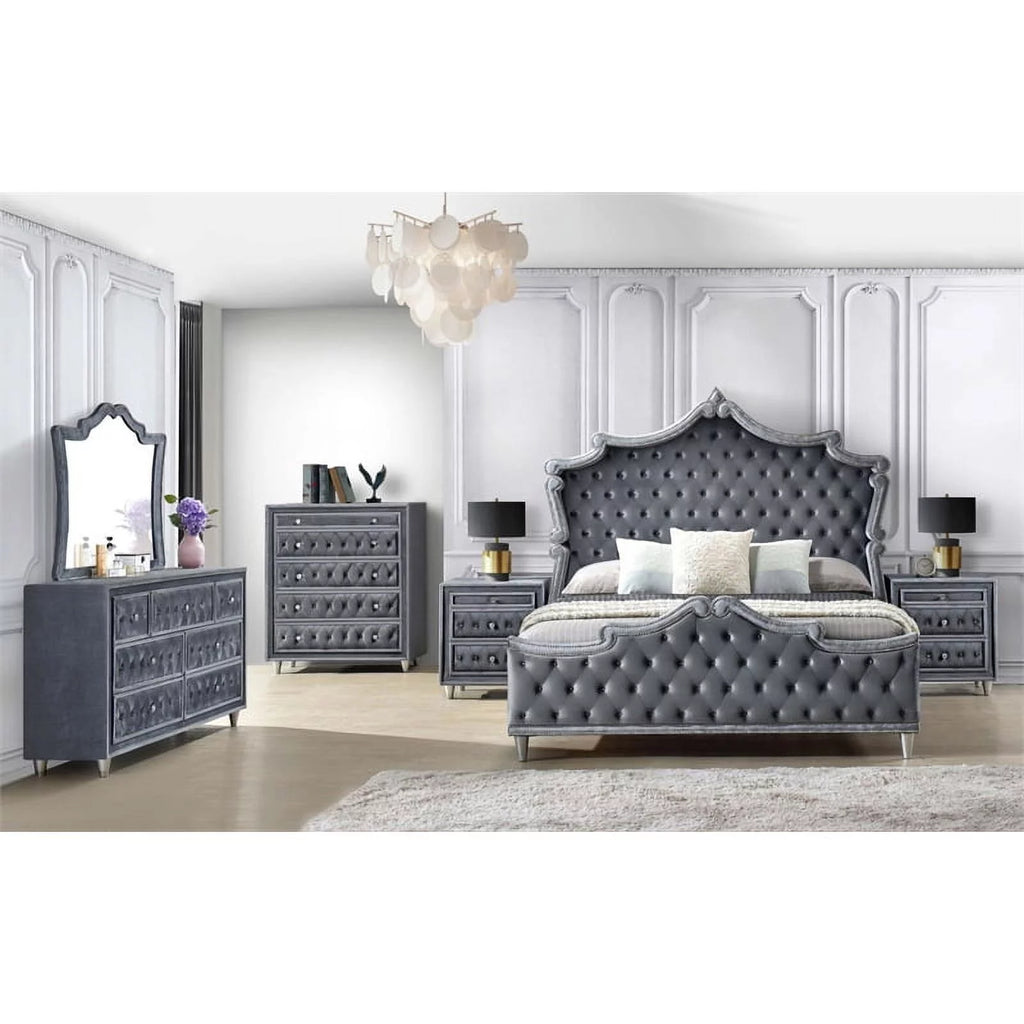 Gray Velvet Upholstered Eastern King Bed F743541