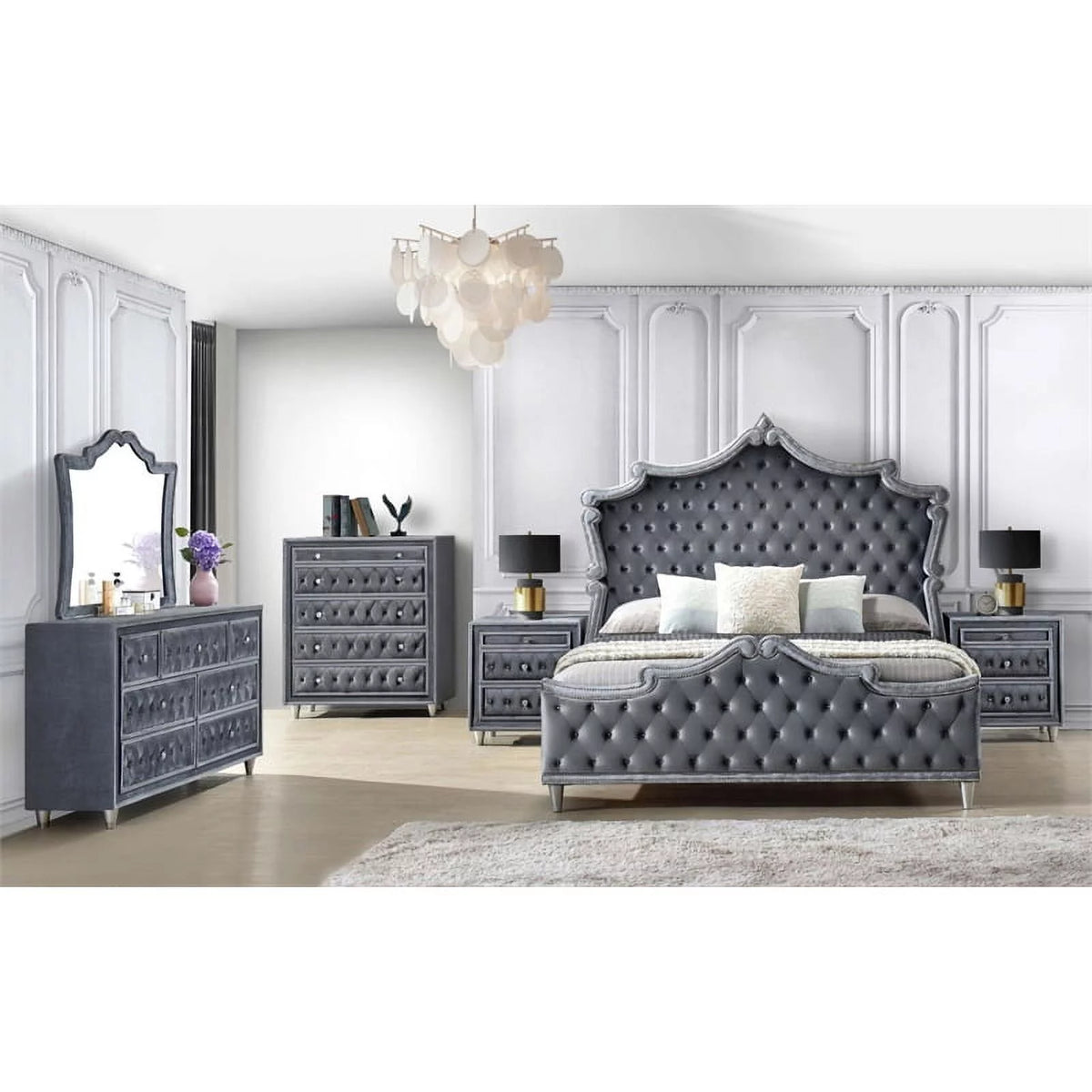 Gray Velvet Upholstered Eastern King Bed F743541