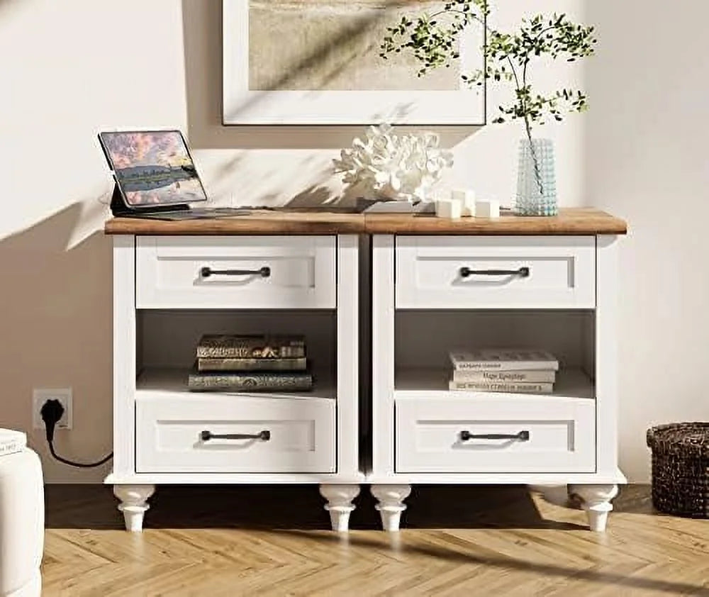 Farmhouse End Tables with Charging Station 2 Drawers Oak S877