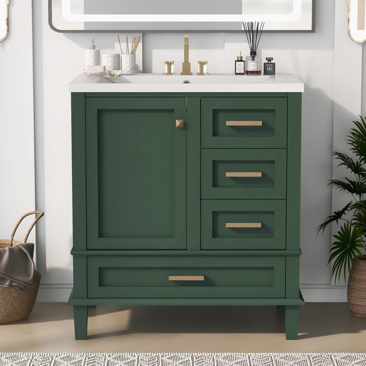 30" Green Solid Wood Bathroom Vanity with Top Basin and 3 Drawers A279517