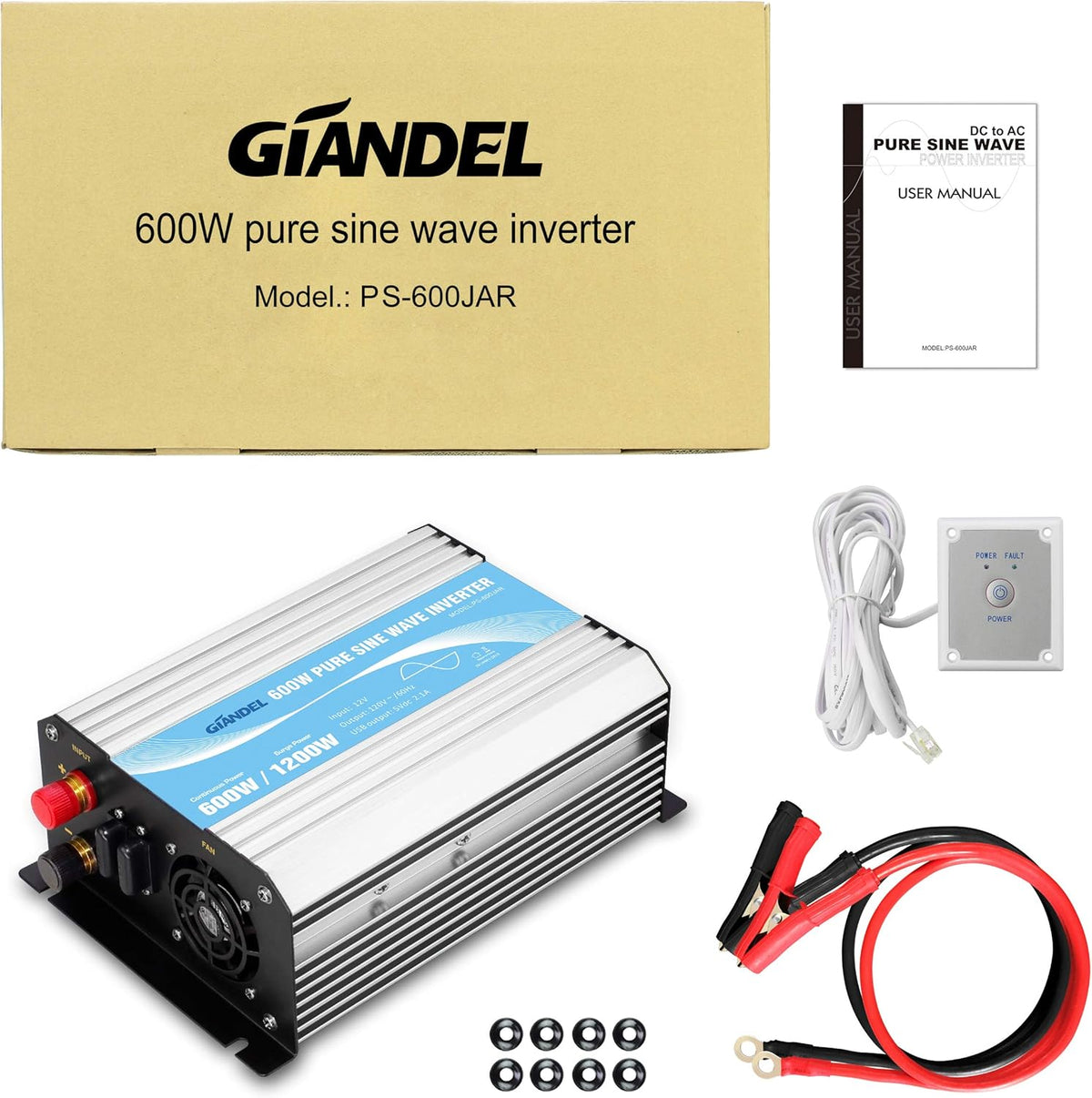 Pure Sine Wave 600Watt Power Inverter with Remote Control Dual AC Outlets and USB Port K891213