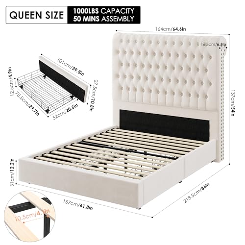 Beige Velvet Upholstered King Size Bed Frame with 4 Under-bed Storage Drawers B155733