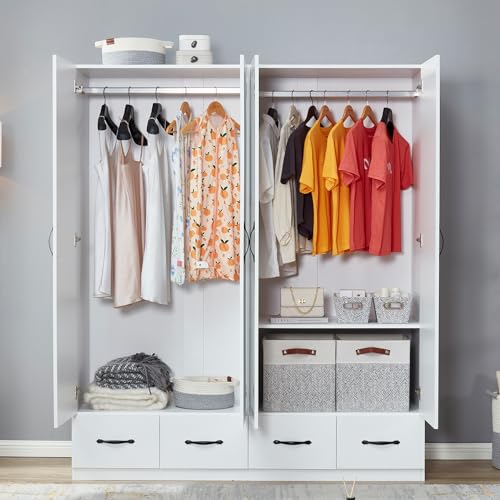 White 2 Door Wooden Wardrobe Closet with Storage Drawers O5913