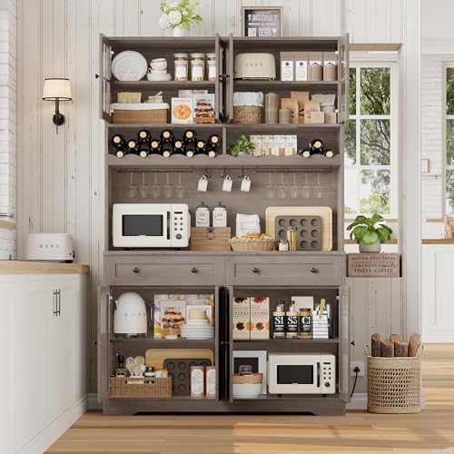 75.4" Tall White Kitchen Pantry Cabinet with Glass Doors and Drawers S9535