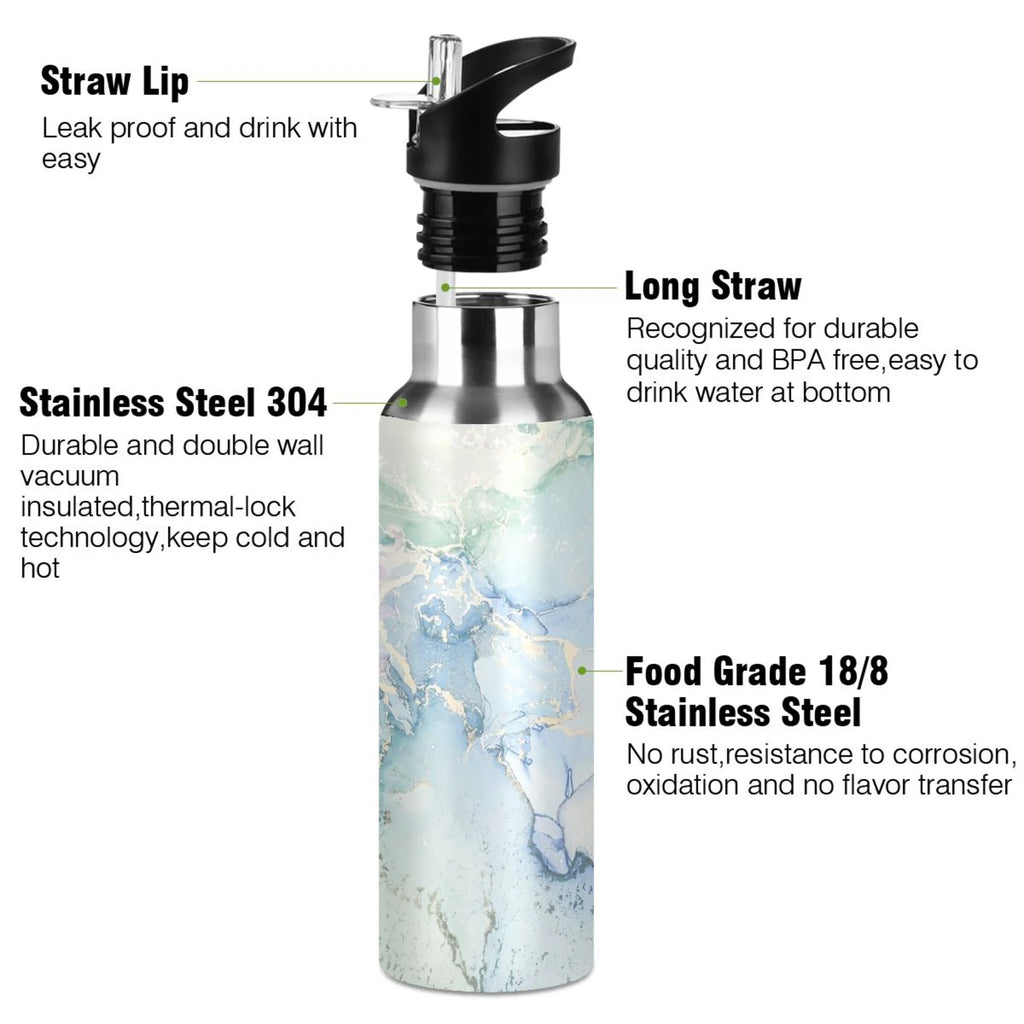 Blue Green Marble Stainless Steel Insulated Water Bottle with Straw Lid W424