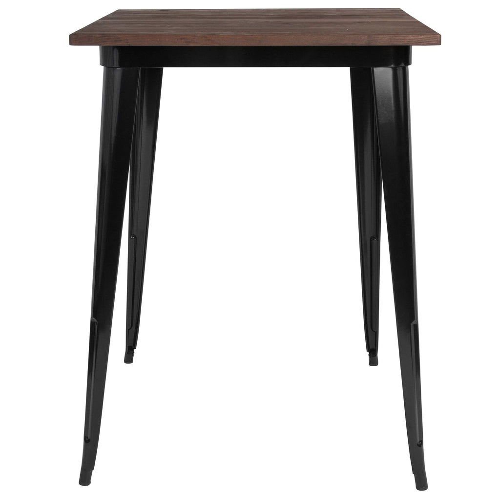 31.5" Square Black Metal Bar Height Table with Walnut Rustic Wood Top P4169