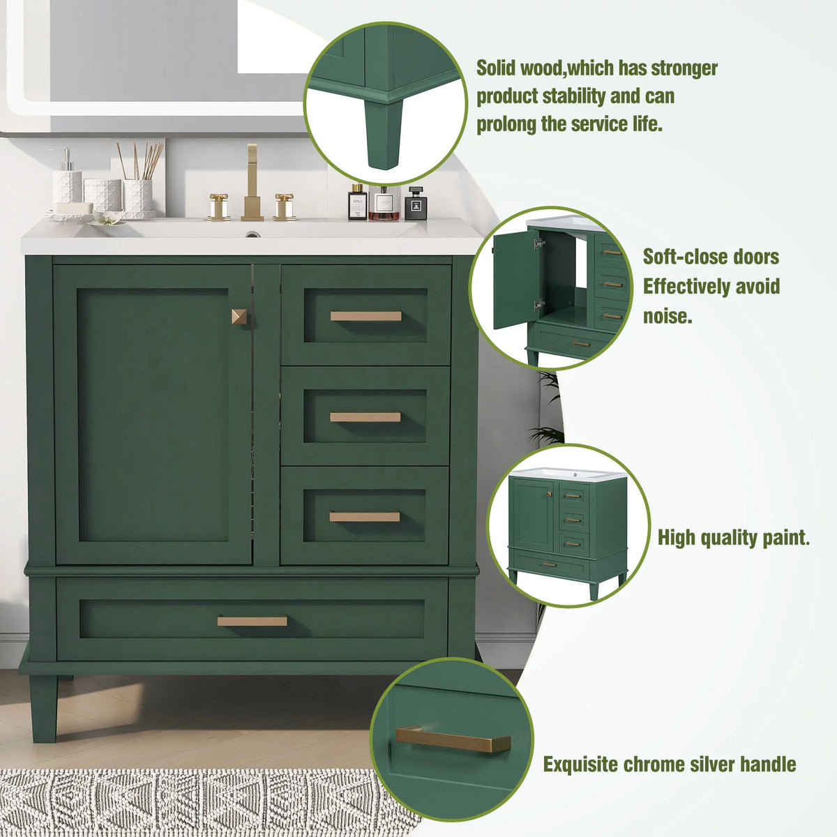 30" Green Solid Wood Bathroom Vanity with Top Basin and 3 Drawers A279517