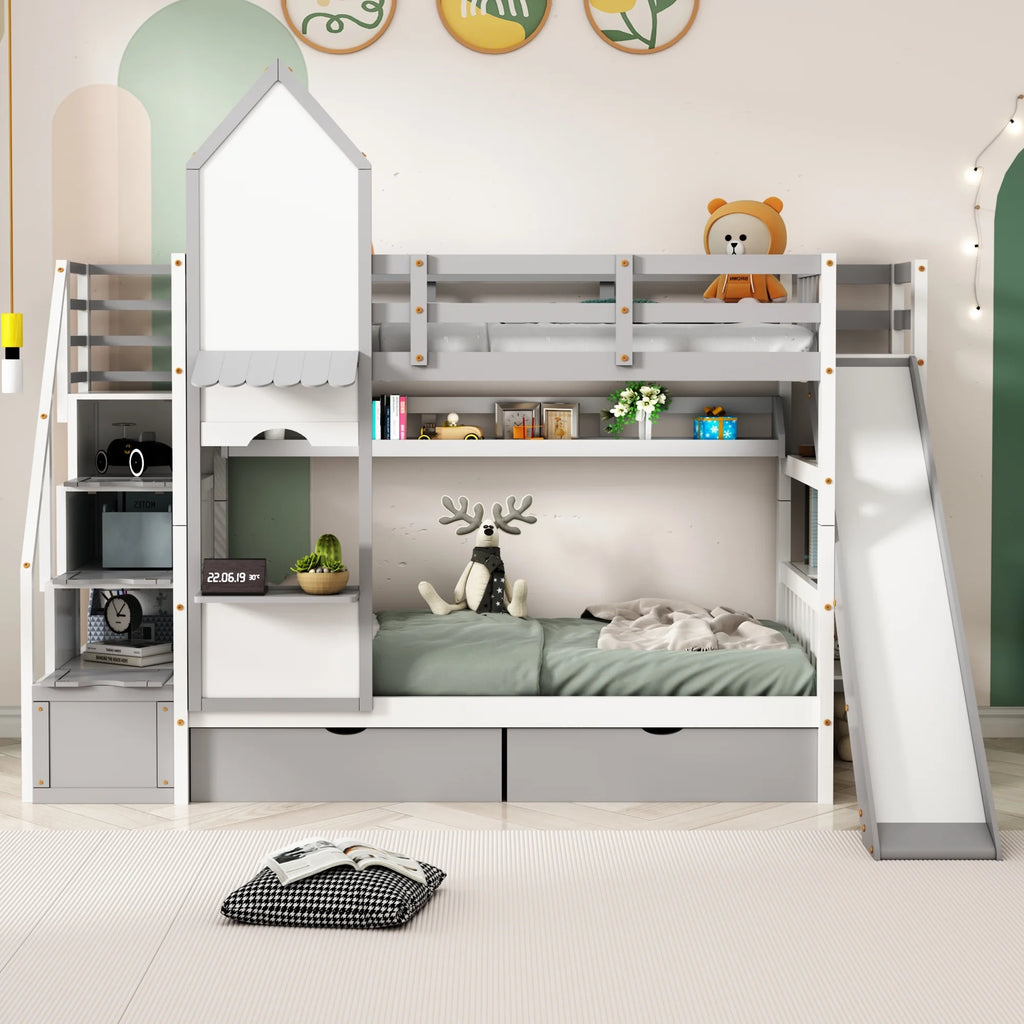 Twin Over Twin Bunk Bed with 2 Drawers and Slide, Gray T12265