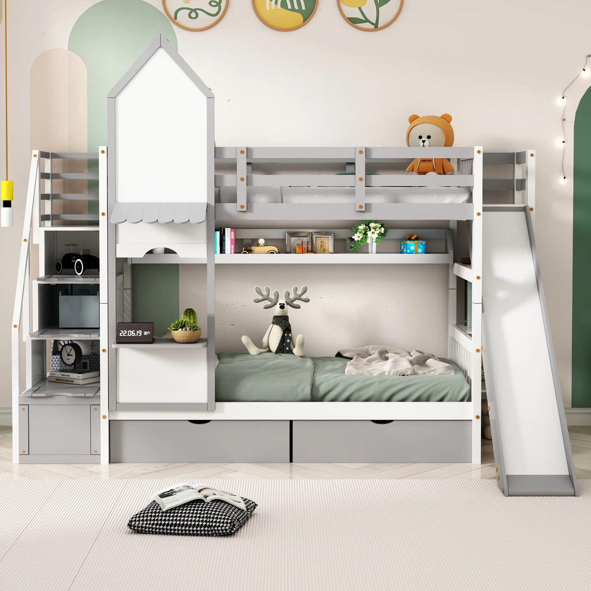 Twin Over Twin Bunk Bed with 2 Drawers and Slide, Gray T12265
