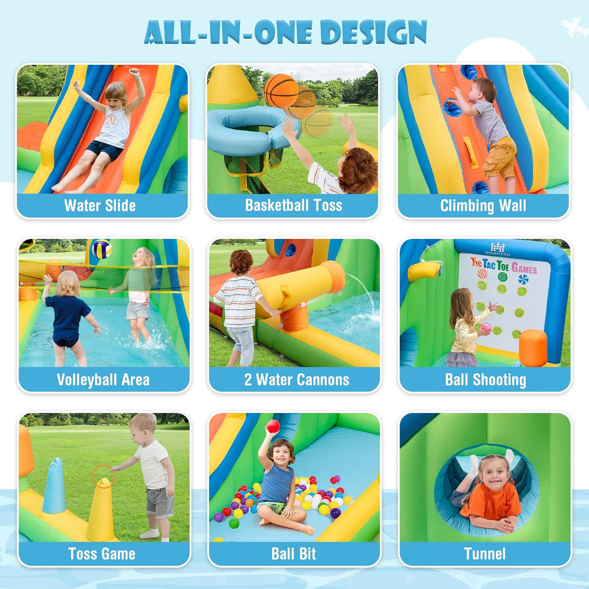 Inflatable Water Slide 9-in-1 Water Park with Splash Pool Q35738