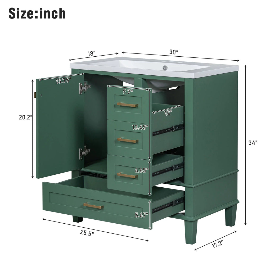 30" Green Solid Wood Bathroom Vanity with Top Basin and 3 Drawers A279517