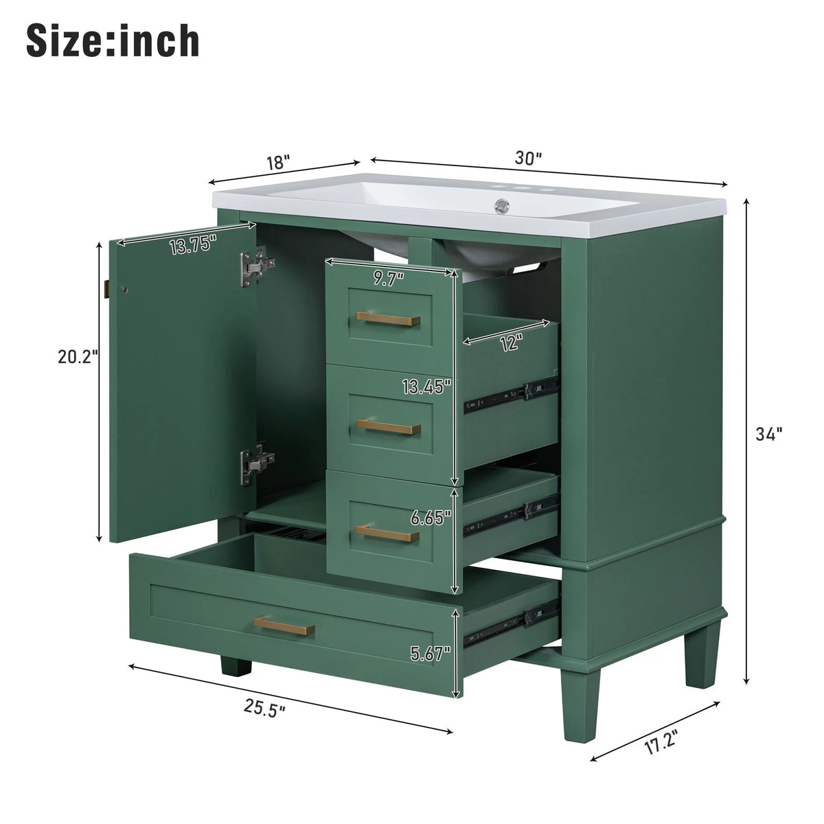 30" Green Solid Wood Bathroom Vanity with Top Basin and 3 Drawers A279517