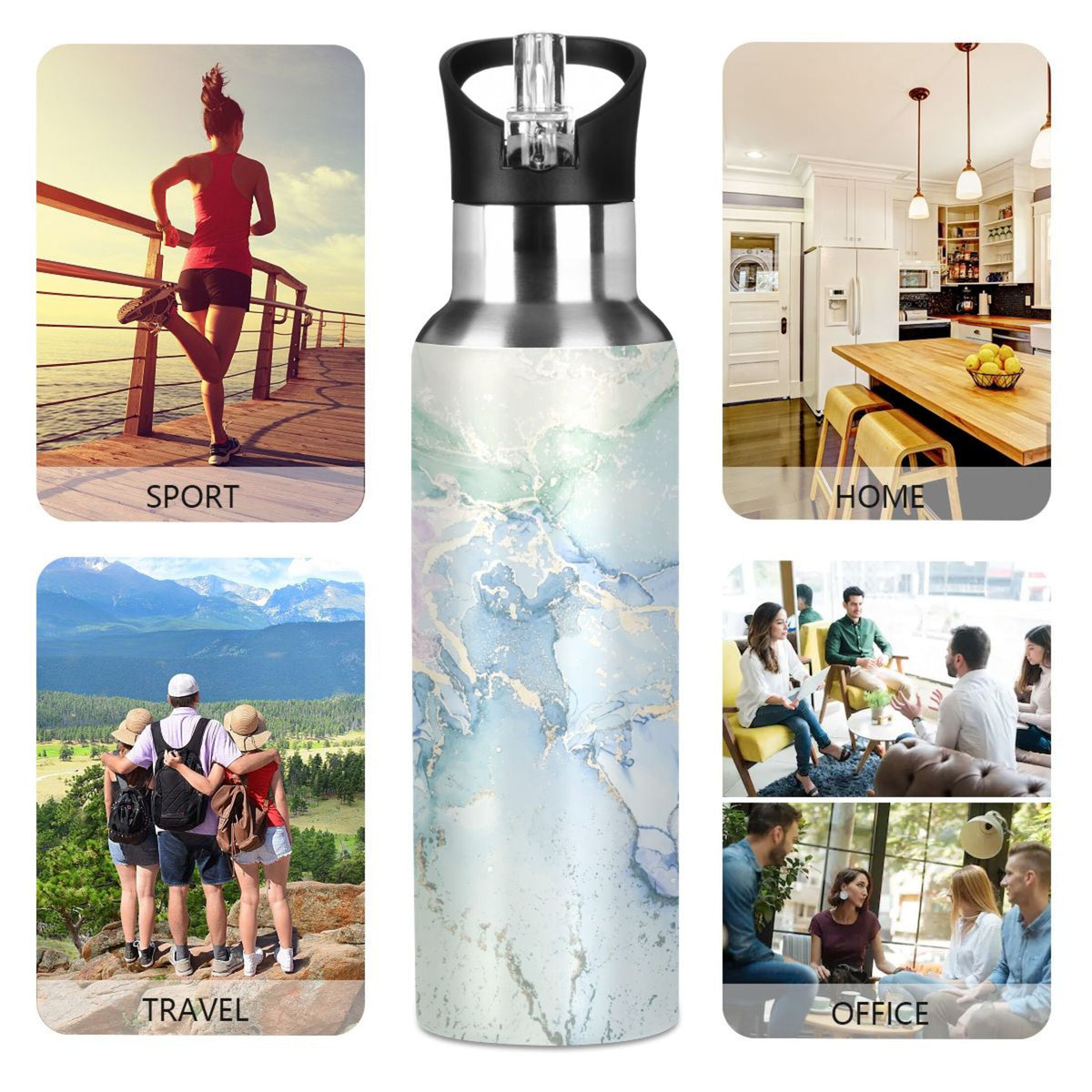 Blue Green Marble Stainless Steel Insulated Water Bottle with Straw Lid W424