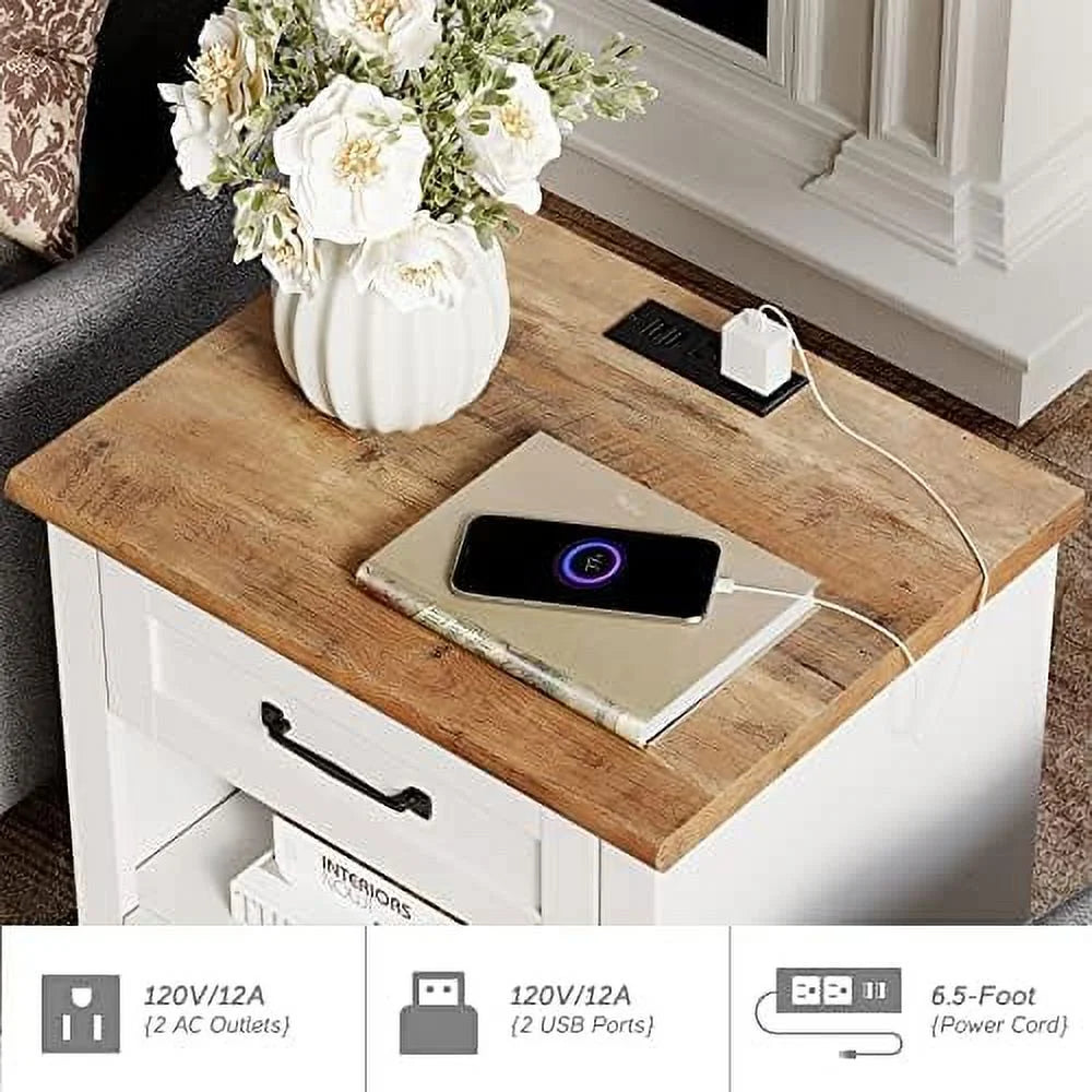 Farmhouse End Tables with Charging Station 2 Drawers Oak S877