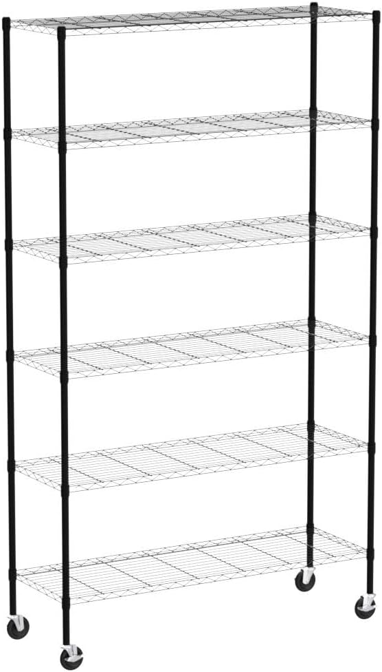 6 Tier Wire Shelving Unit, NSF Heavy Duty Height Adjustable Metal Shelving with Wheels, 18"x48"x82" Black C56091