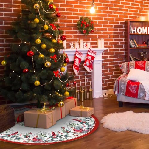 Christmas Tree Skirt 36 Inches Red Poinsettia Floral Holly Leaves White P4512