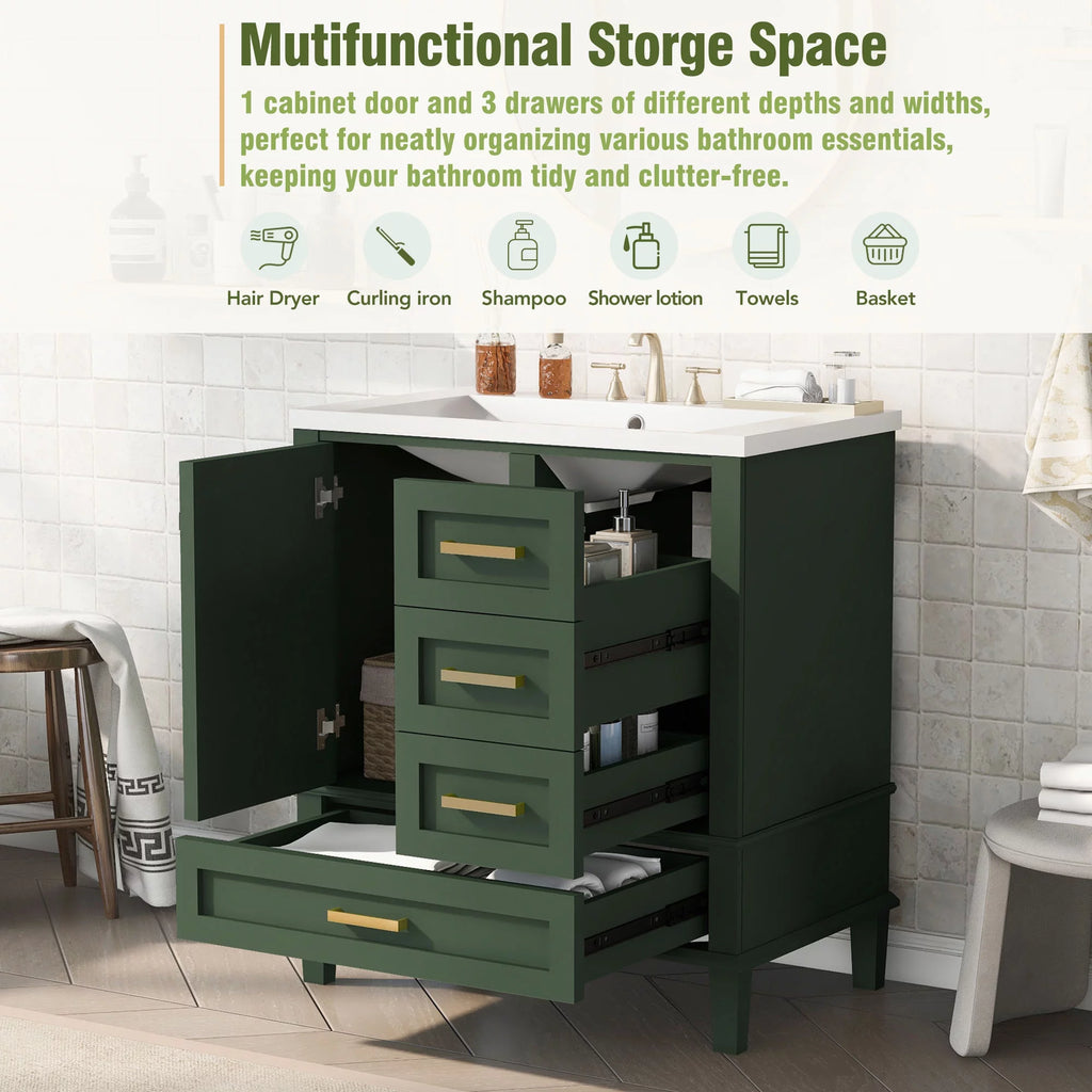 30" Green Solid Wood Bathroom Vanity with Top Basin and 3 Drawers A279517