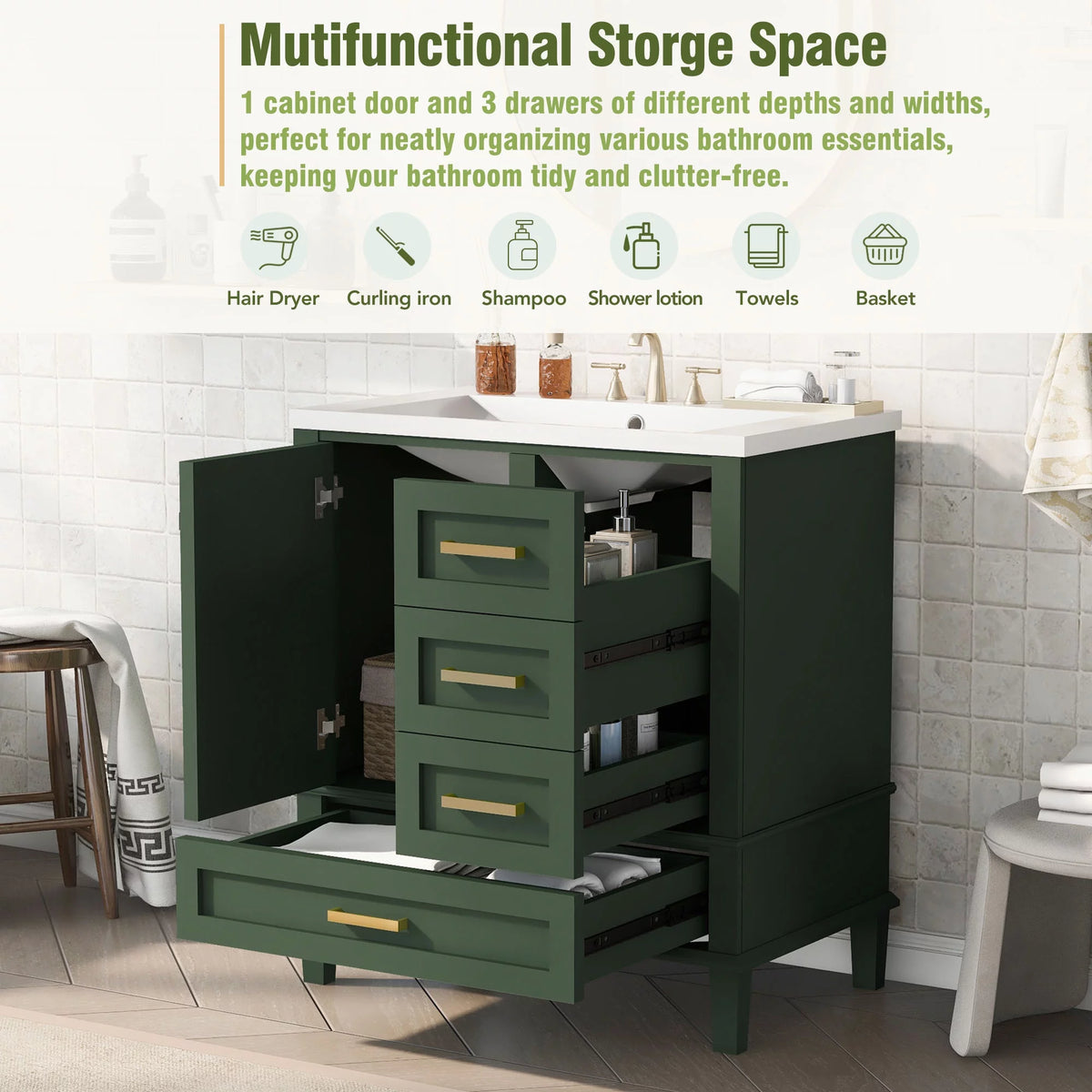 30" Green Solid Wood Bathroom Vanity with Top Basin and 3 Drawers A279517