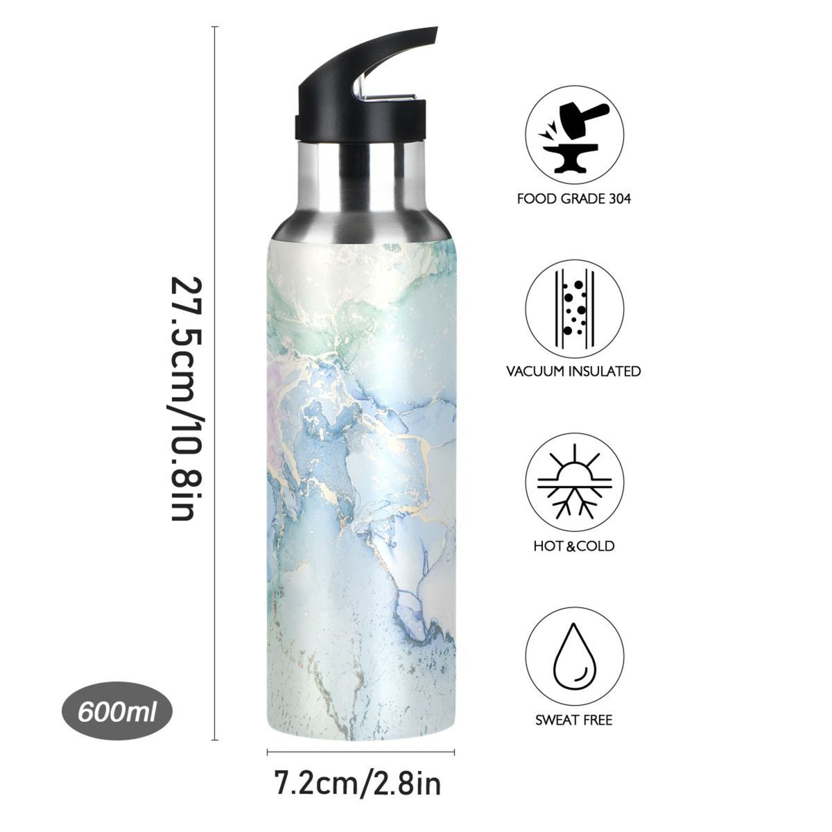 Blue Green Marble Stainless Steel Insulated Water Bottle with Straw Lid W424