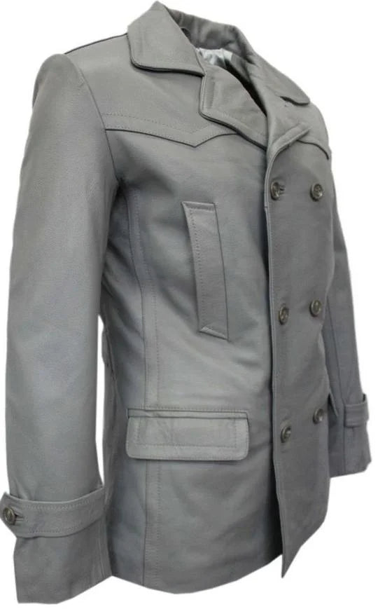 Grey Leather Pea Coat Blazer P14797