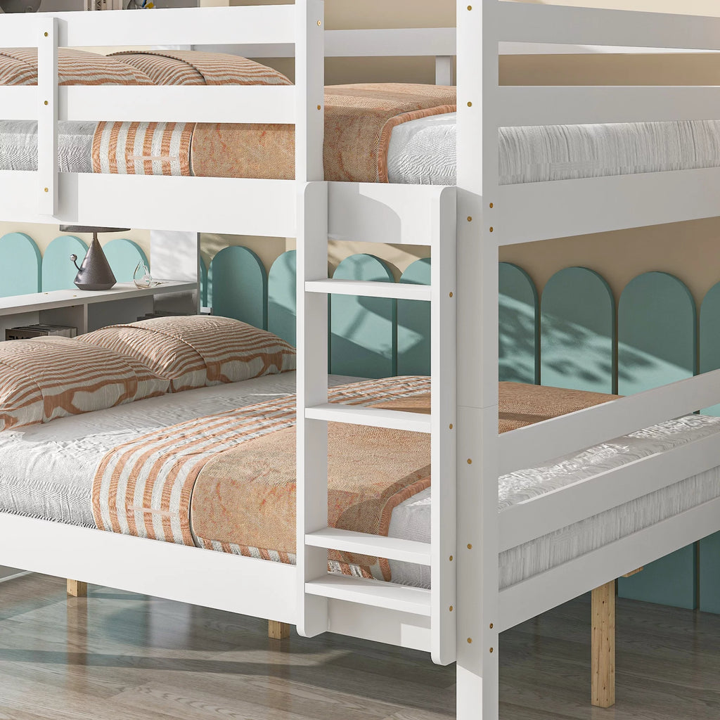 Full Over Full Bunk Beds with Bookcase Headboard Solid Wood Bed Frame with Safety Rail and Ladder White Z6846