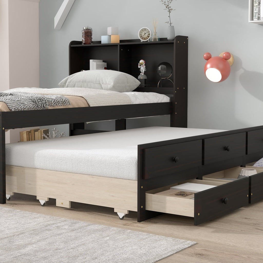 Espresso Twin Bed with Bookcase and Trundle T181333